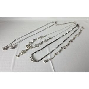 Three Silver Tone Chain Necklaces Flower Pendant Pave Rhinestones